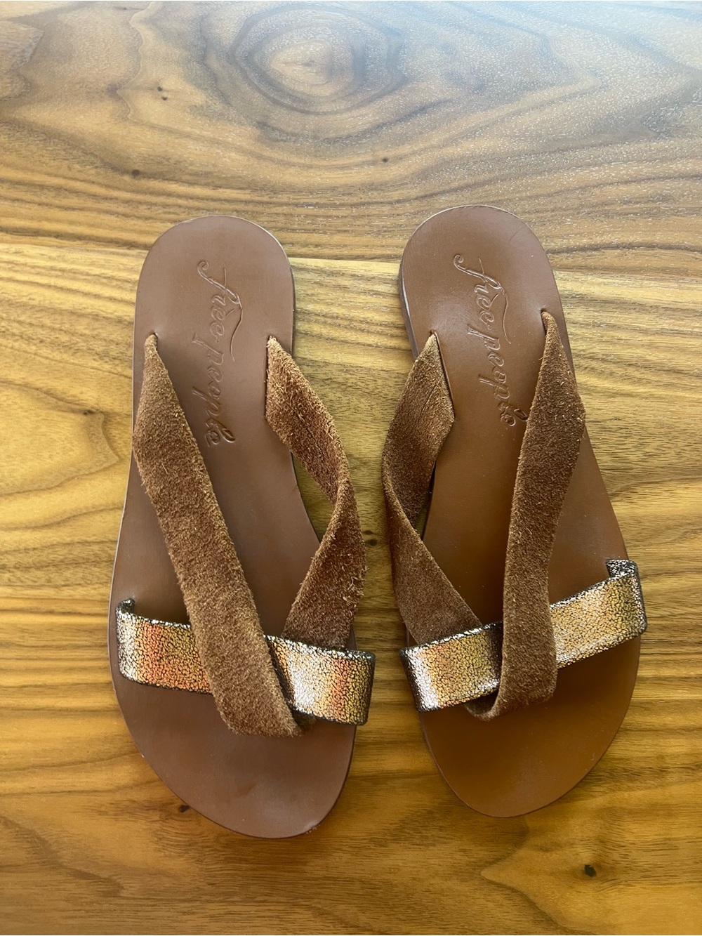 Free People Brown Suede Slide Sandals with Shimmer Strap